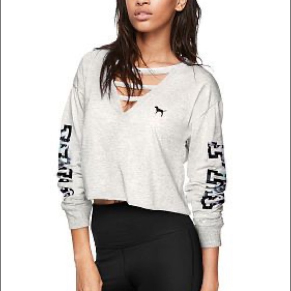 PINK logo Cropped Ladder Long Sleeve Tee